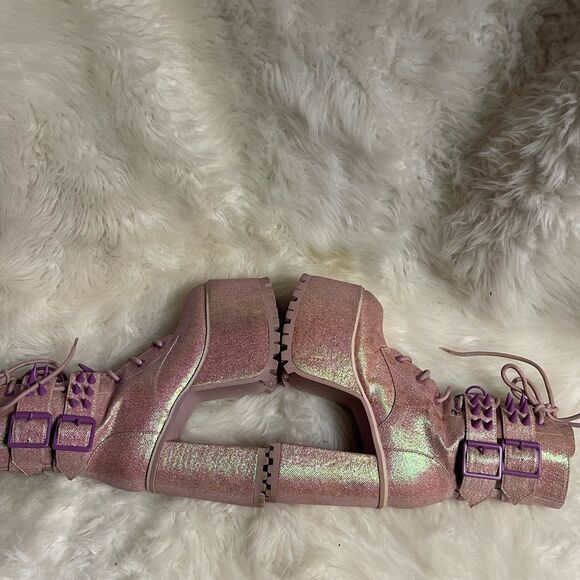 Sugar Thrillz Gothic Platform Pink Glitter lace upBoots  spikes accents SZ6 - Picture 7 of 13